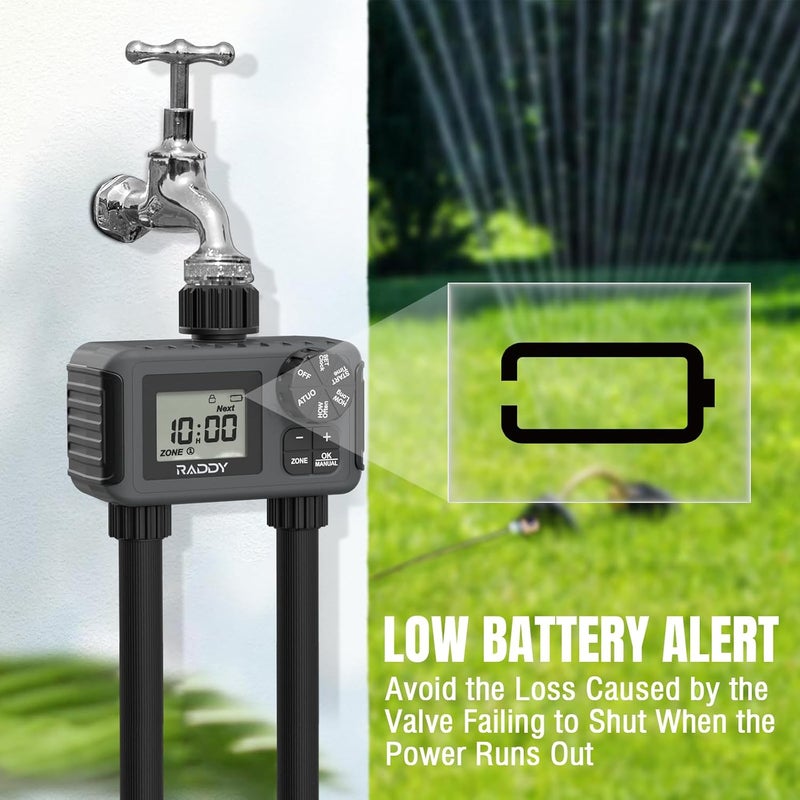 Raddy WS-5 Sprinkler Timer 2 Zone, Programmable Water Hose Timer 2 Outlet for Garden, Outdoor Automatic Irrigation System IP55 Waterproof with Rain Delay/Manual for Lawn, Yard, Pool - Image 5